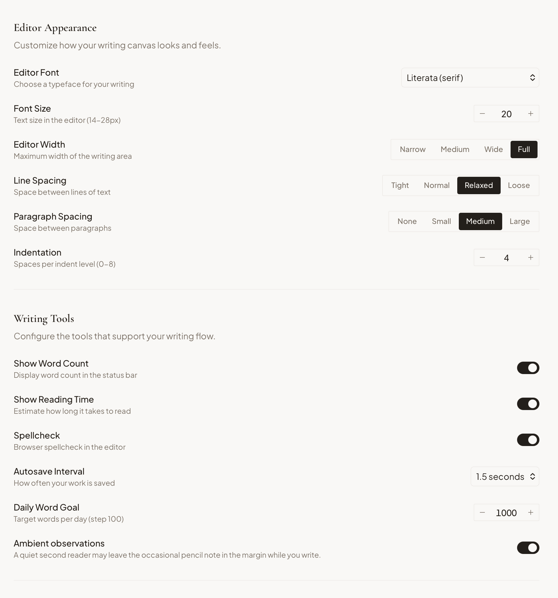The openatelier editor appearance settings, a list of typography and layout toggles.