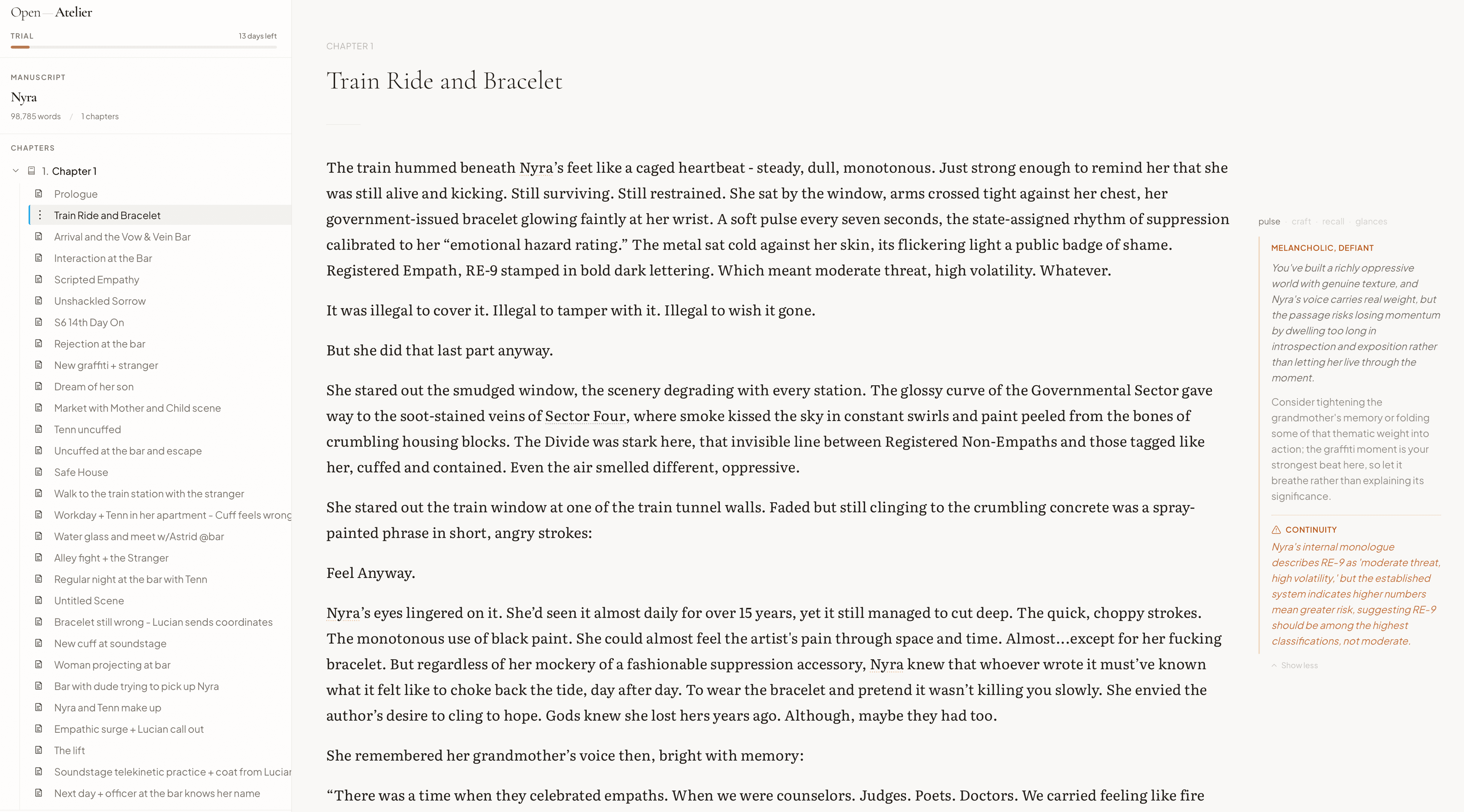 The openatelier editor showing a chapter draft, with chapter list, prose, and margin notes.