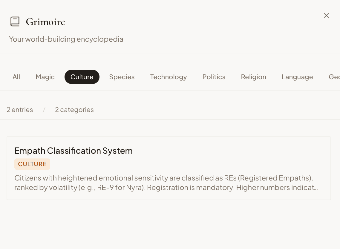 The openatelier Grimoire encyclopedia view, with category tabs and entries for the world of a manuscript.