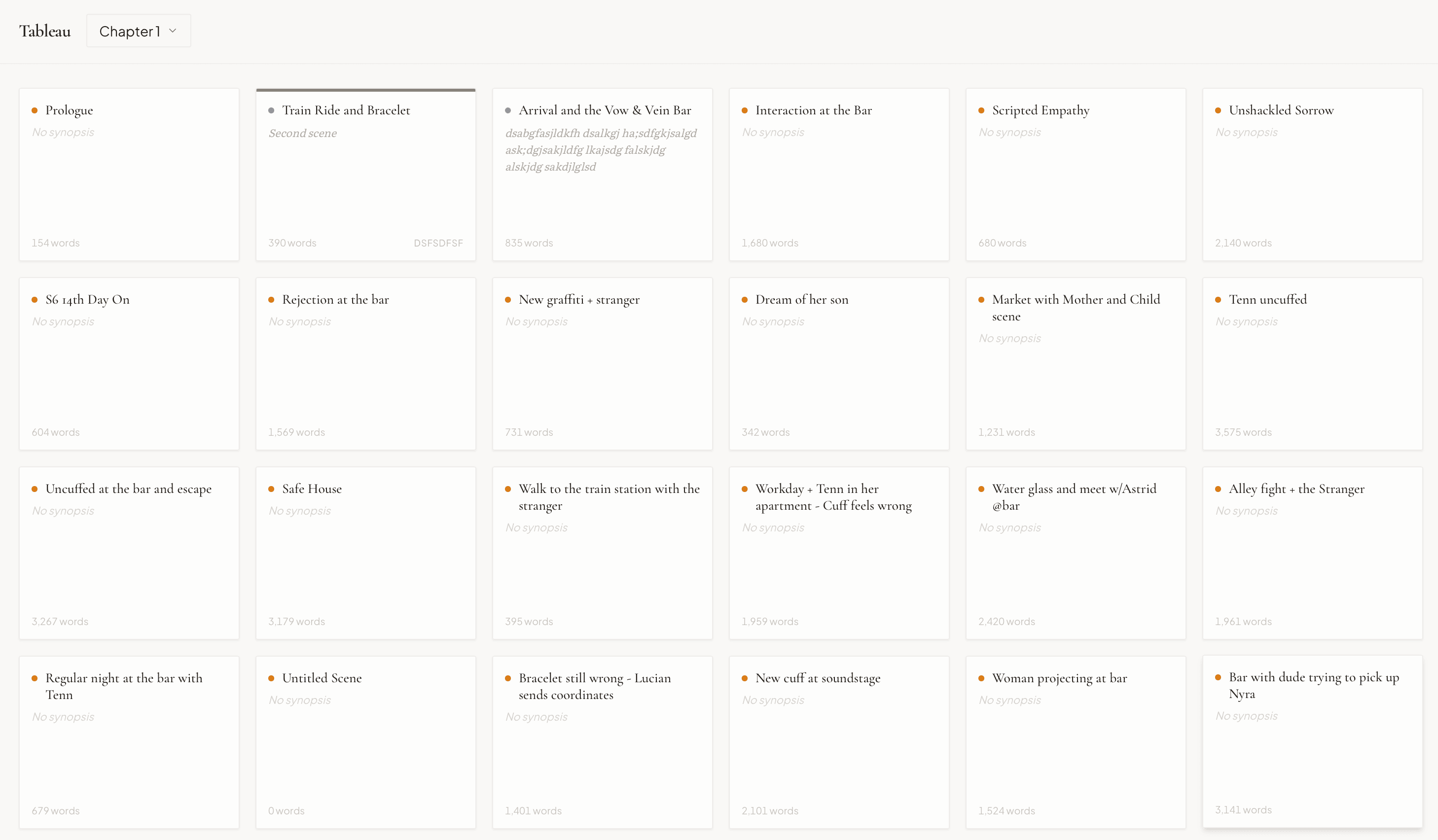 The openatelier Tableau view, a board of scene cards showing word counts, status, and bookmarks across a manuscript.